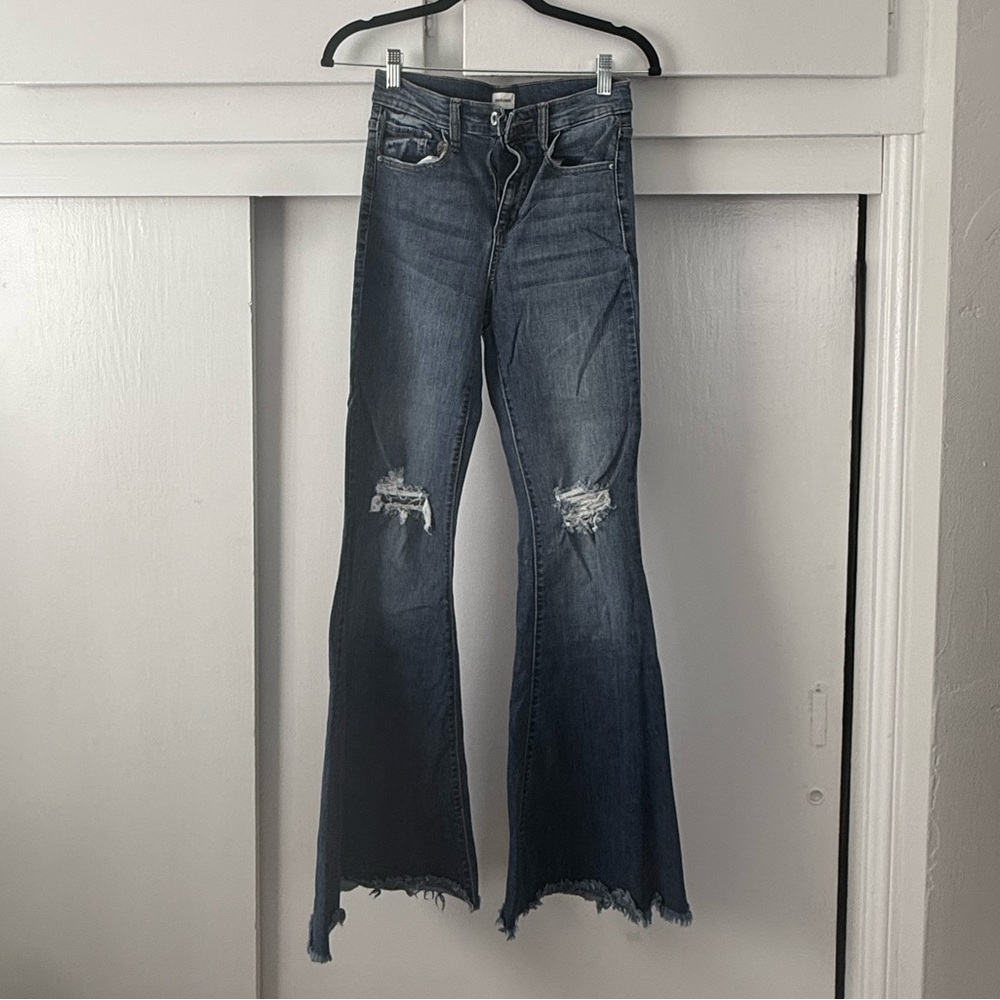 Sneak Peek Dark Blue Distressed Flare Jeans